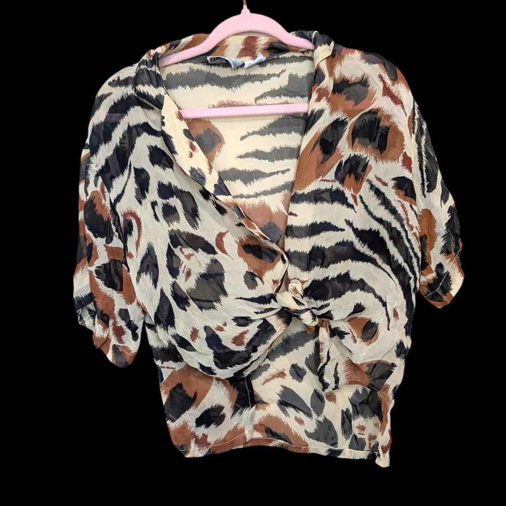 Vintage Sheer Animal Print Button Down Cropped Safari Shirt Rayon Tiger Medium